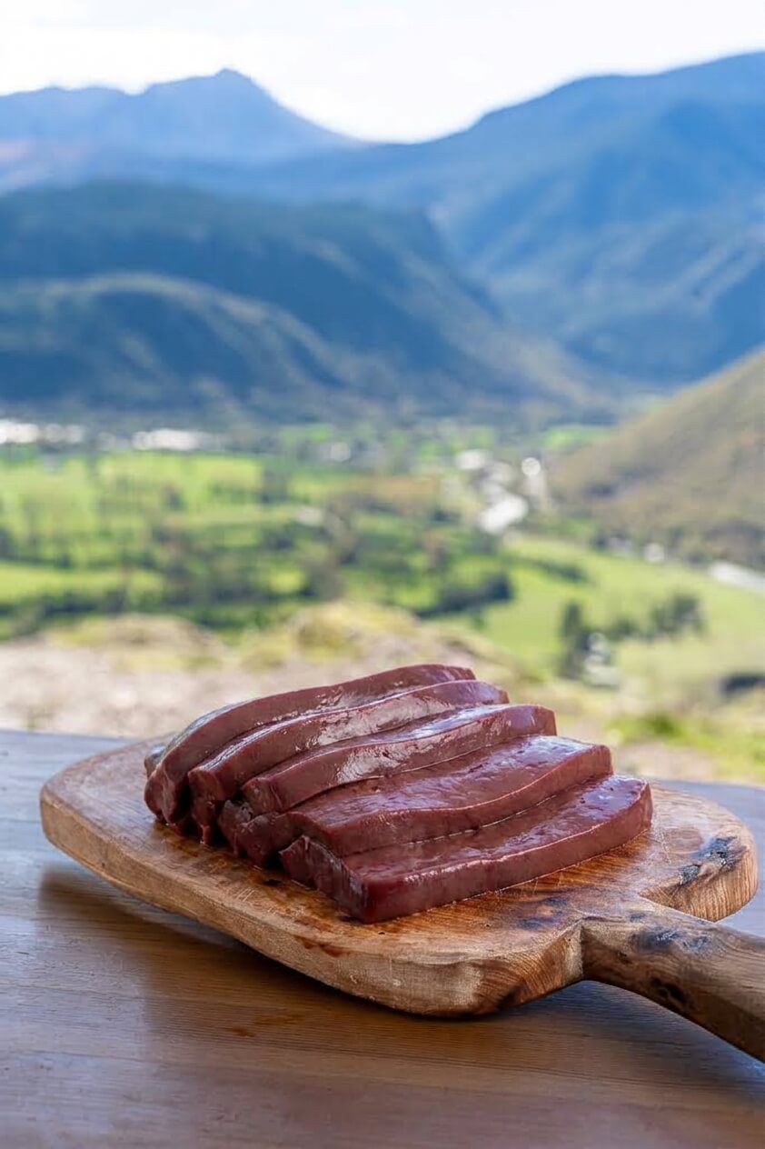 Filetes de hígado de ternera fresco presentados sobre una tabla de madera en el Pirineo