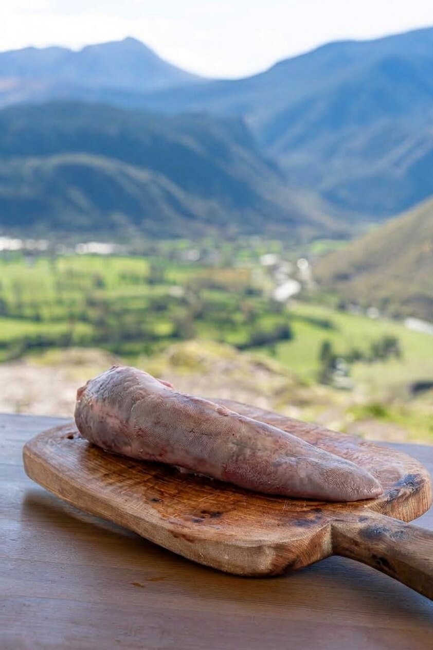 Lengua de ternera fresca entera sobre una tabla de madera rústica con el Valle de Benasque al fondo