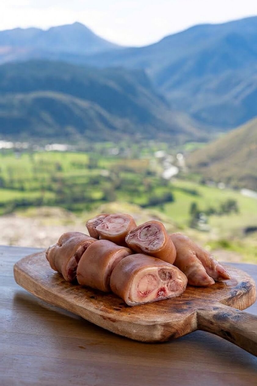 Pata de ternera limpia y troceada sobre una tabla de madera rústica en el Valle de Benasque